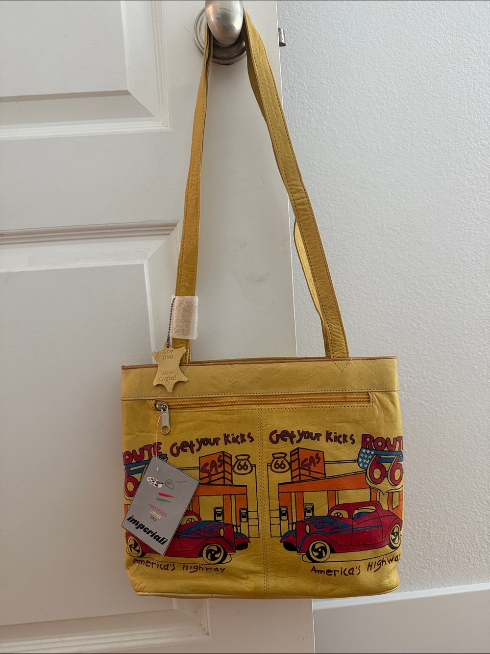Route 66 Yellow Leather Purse Bag with Retro Car Print- Vintage!